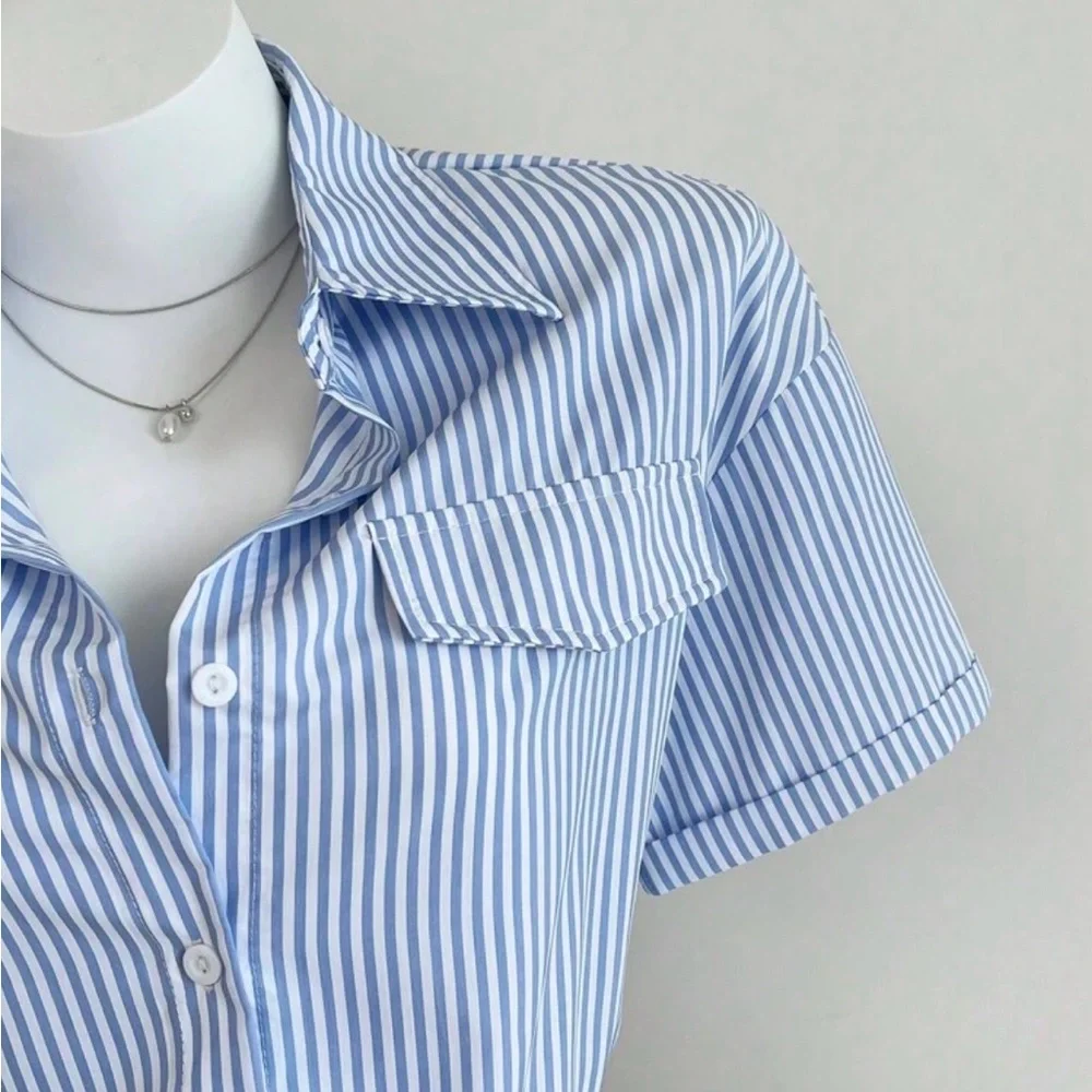Striped Blue & White Short Sleeve Romper - Picture 4 of 5